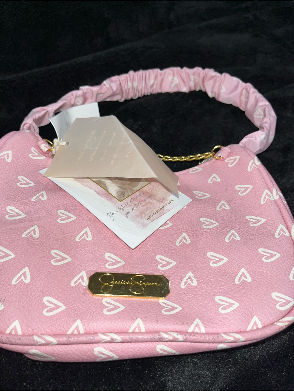 Jessica Simpson Pink Heart-Print Shoulder Bag with Gold Accents